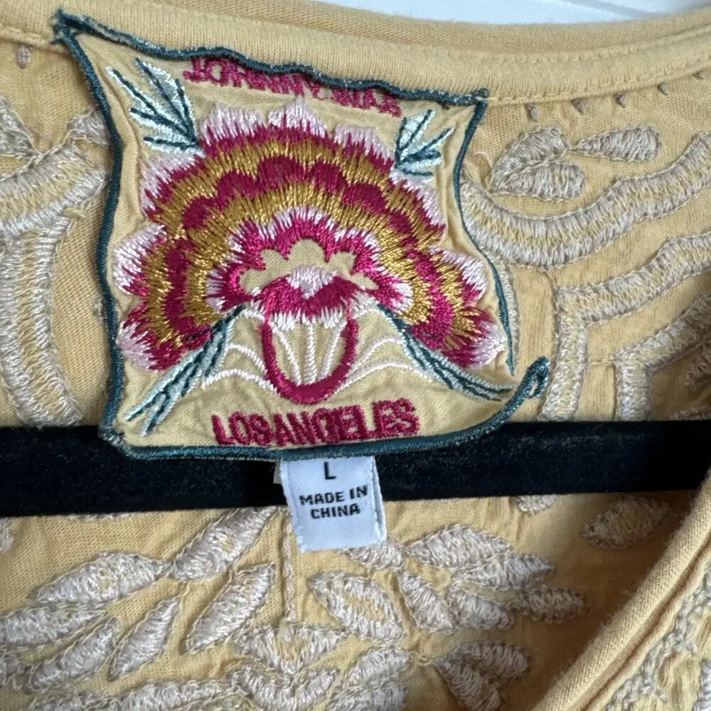 JOHNNY WAS Top La Rita Womens Yellow Embroidered Knot Short Sleeve Size Large